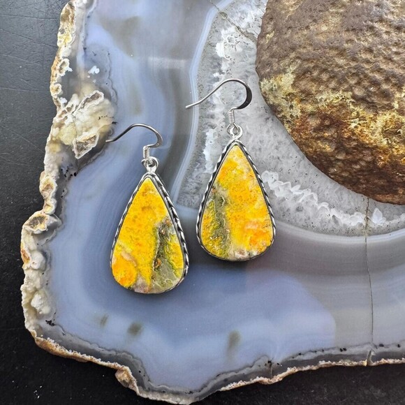 Sterling Silver Southwestern Style Teardrop Eclipse Jasper Dangle Earrings - Picture 2 of 10